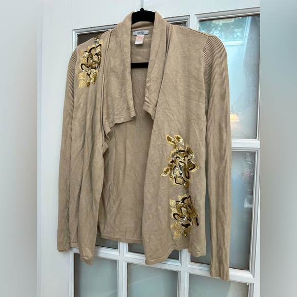 Vintage Cache Knit Silk Blend Tan Cardigan Gold Sequin Floral Embroidery Size S - Picture 2 of 13